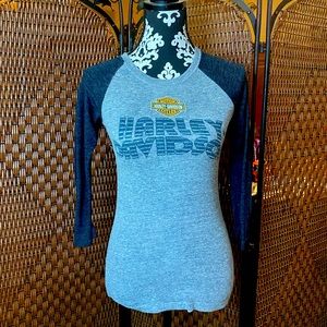 Harley Davidson grey and navy 3/4 length sleeve women’s size extra small tee